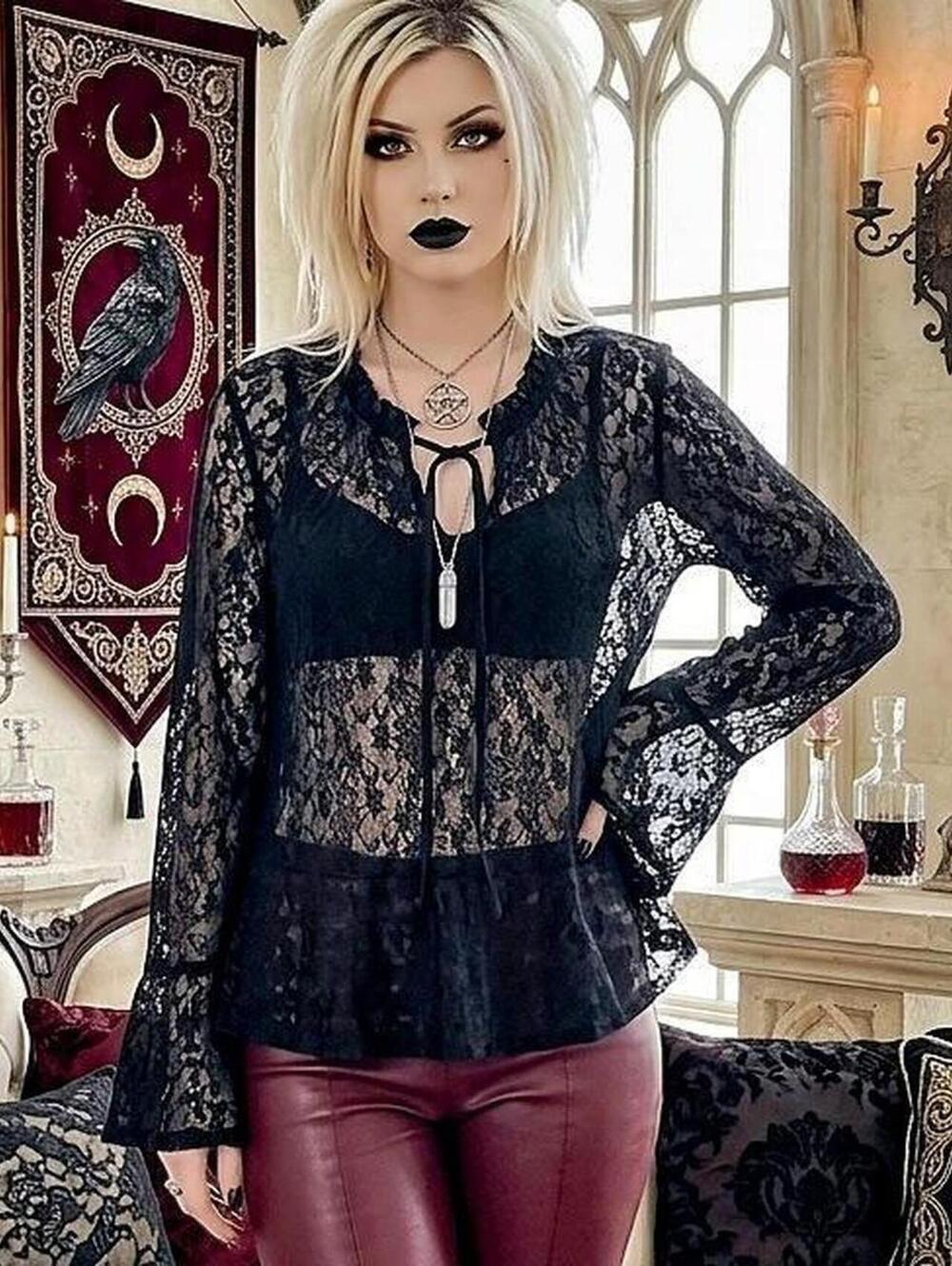 Torrid Black Floral Lace Long Sleeve V-Neck Blouse with Bell Sleeves